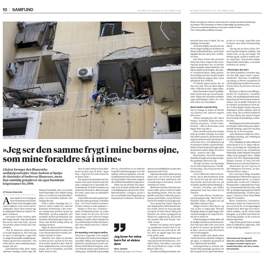 Vores kollegaer i Libanon kæmper for at hjælpe de mange familier på flugt, samtidig med at de selv lever mellem bomberne. Vores nødhjælpskoordinator Alam Janbein fortæller i dagens @Information. "Skal vi dø?," spørger hendes søn under bombardementerne.  information.dk/udland/2024/09…