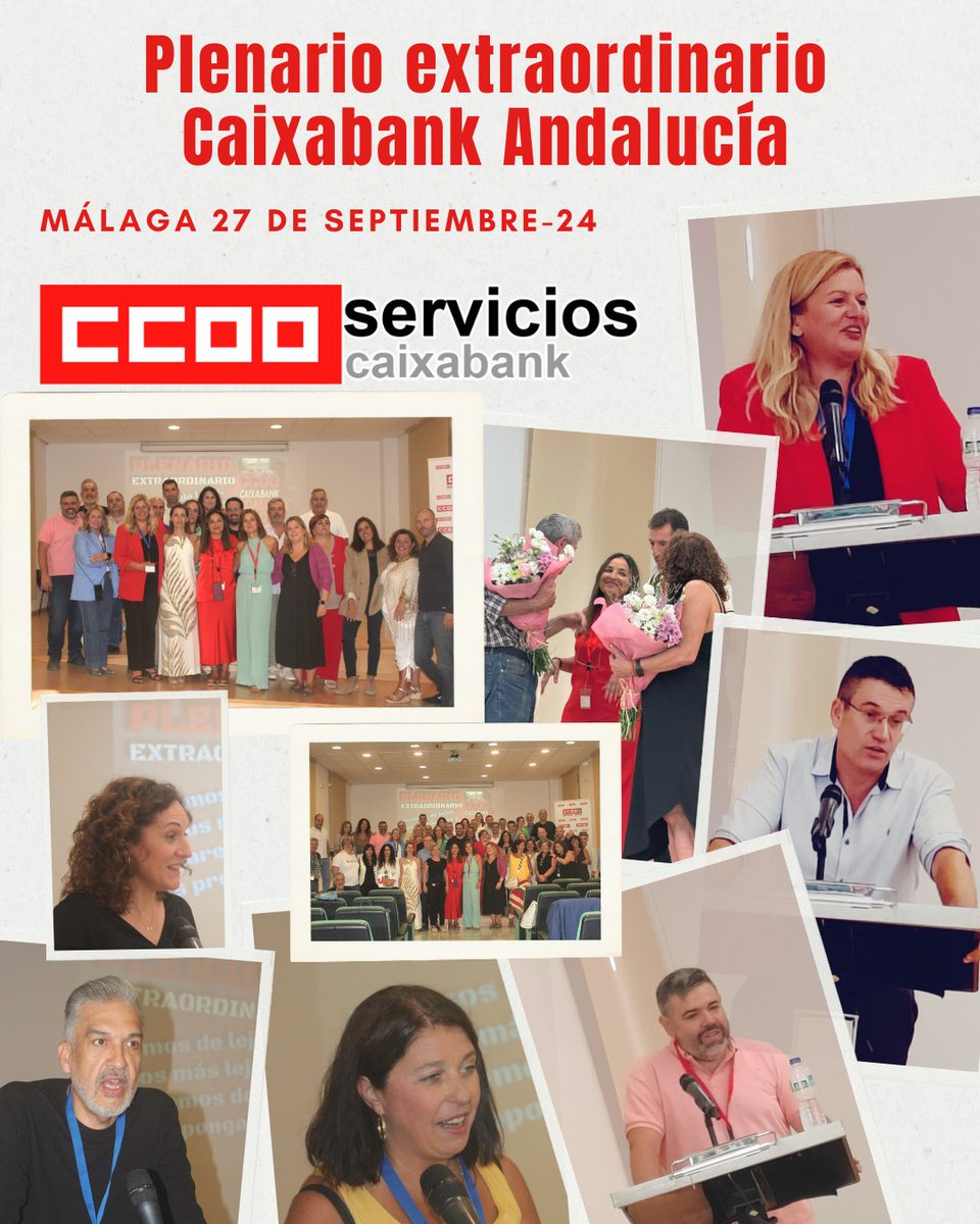 FSAN_CCOO's tweet photo. ⚠️El pasado viernes 27 se celebró en Málaga el Plenario Extraordinario de Caixabank Andalucía en el que se reeligió a Mayte Pozo como Secretaria General y a una ejecutiva de  11 personas de los que 6 son mujeres y 5 hombres.
 🍀¡Buena travesía! https://t.co/tHFlM1s8Ae