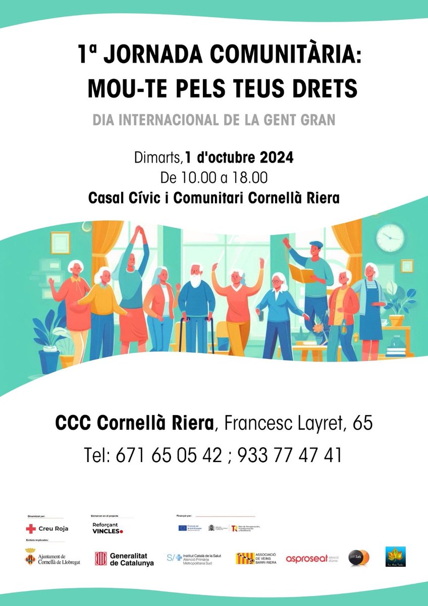 El proper 1 d'octubre es commemora el Dia Internacional de la Gent Gran i s'organitza la 1ª Jornada comunitària: Mou-te pels teus drets.
📍CCC Cornellà Riera
🕒 10-18h
