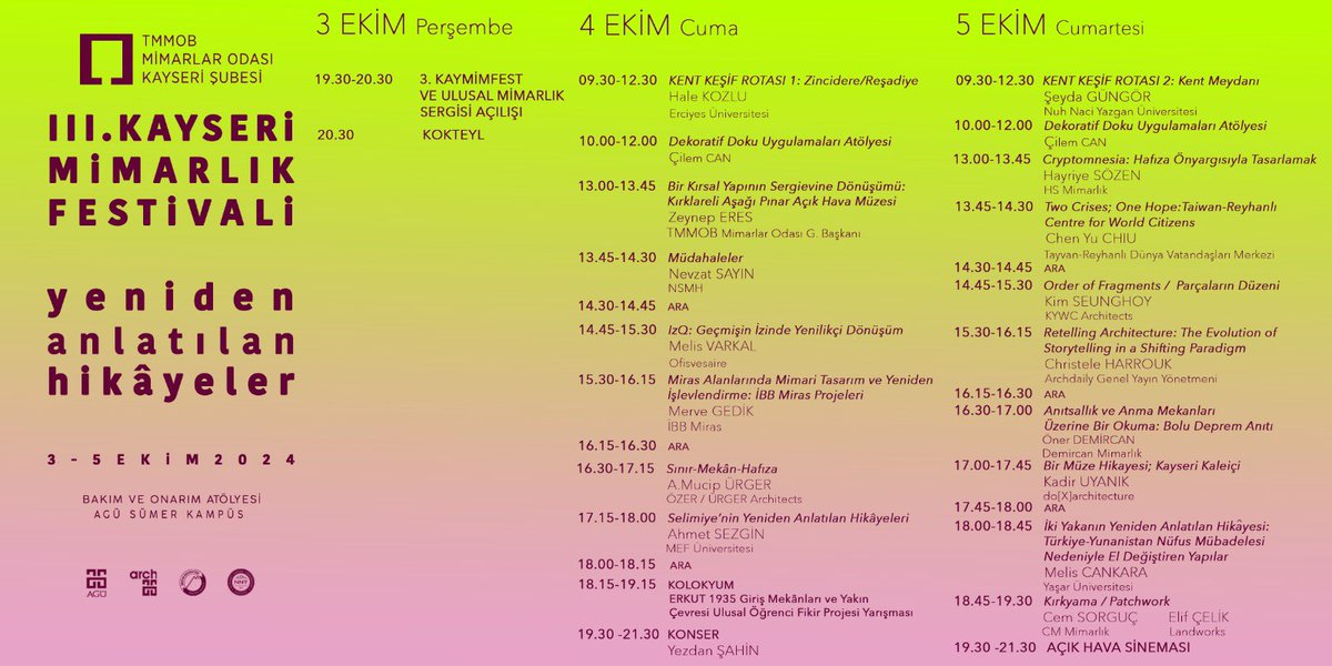 Mimarlık Haftası çerçevesinde büyük bir hassasiyet ve özenle düzenlediğimiz III.Kayseri Mimarlık Festivali programımıza tüm üyelerimizin katılımını bekliyoruz.
#kaymimfest