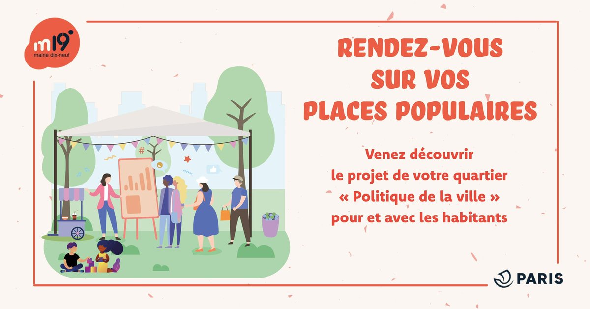 RDV sur vos Places Populaires📌
Le 1er octobre, 16h30-18h30, croisement des rues Colette Magny &amp; Bernard Têtu

Découvrez votre projet de quartier « Politique de la Ville » par et pour les habitant·e·s avec un mini-forum associatif et un moment convivial !

mairie19.paris.fr/pages/rendez-v…