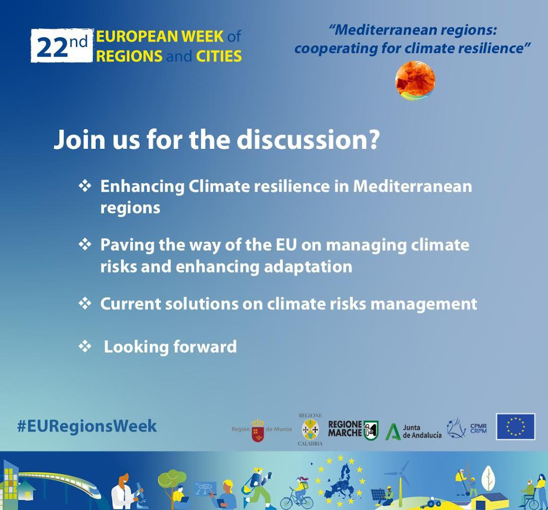 RegMurciaBrux's tweet photo. 🇪🇺‼️ Today!! Last chance! Register now! #EURegionsWeek #MEDregions 

🫱🏻‍🫲🏼 ‘Mediterranean Regions cooperating for Climate resilience’
 
📆 Wed, 9th October
🕒 14h30 - 16h00
📍CoR, JDE62 
 
🏃‍♂️ https://t.co/R8HmNcoXaI https://t.co/tptJeGklEM