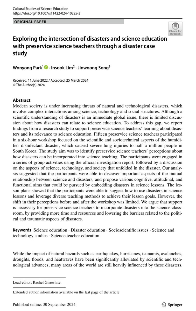 Wonyong Park (@wonyongpark89) on Twitter photo 🔥New paper alert: In this open access paper, we looked at a public health (chemical) disaster in South Korea to explore the possibility of teaching about disasters in science education. <a href="/SotonEd/">Southampton Education School</a> <a href="/MaSEsoton/">MathsScienceEducation</a> link.springer.com/article/10.100… 🔥New paper alert: In this open access paper, we looked at a public health (chemical) disaster in South Korea to explore the possibility of teaching about disasters in science education. <a href="/SotonEd/">Southampton Education School</a> <a href="/MaSEsoton/">MathsScienceEducation</a> link.springer.com/article/10.100…