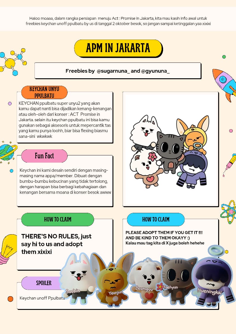 ♡ ACT : Promise in Jakarta freebies ♡ 

Like and RT = appreciated ☆

By : <a href="/sugarnuna_/">Sugar Nuna💜💙🧡</a> <a href="/gyununa_/">nunanya uwon</a>

📍 ICE BSD 
🗓️ 02 October 2024 
 ⁉️ Rules : JUST ADOPT THEM IF YOU MEET US 
🎀 ± 30 pcs

#ACTPROMISE #APMJakarta #TXT_IN_JAKARTA 
#TXT #MOA