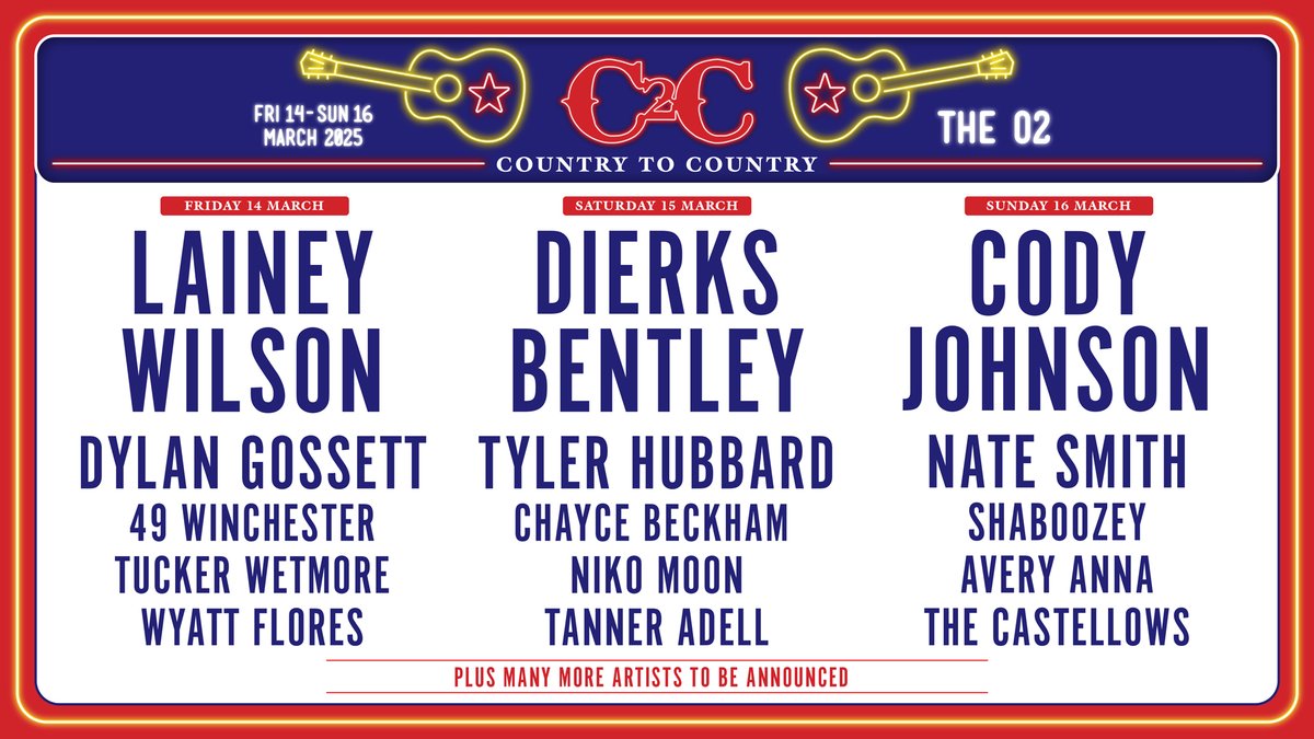TheO2's tweet image. 🆕JUST ANNOUNCED🆕

C2C: Country to Country returns to The O2 in 2025 with headliners Lainey Wilson, Dierks Bentley and Cody Johnson.

On or O2 with Virgin Media? Get Priority Tickets  2 Oct 10am ⬇️
ow.ly/OFee50Txrq9

General on-sale 4 Oct 10am ⬇️
ow.ly/l1s450Txrq7