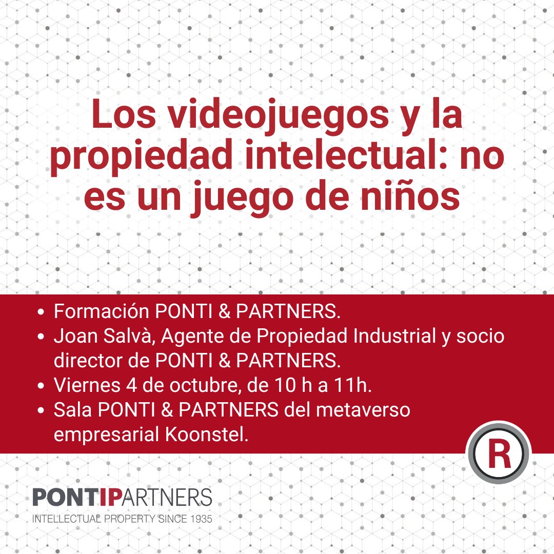 PONTI & PARTNERS (@ponti_ip) on Twitter photo ¿Trabajas en la industria del videojuego?
¿Sabes cómo proteger la autoría?
Joan Salvà, socio director de <a href="/Ponti_IP/">PONTI & PARTNERS</a>, aborda los retos que plantea la propiedad industrial en este sector.
🗓️Viernes 4 de octubre
📍Sala PONTI & PARTNERS de Koonstel
✍️secpho.org/agenda/ponti-i… ¿Trabajas en la industria del videojuego?
¿Sabes cómo proteger la autoría?
Joan Salvà, socio director de <a href="/Ponti_IP/">PONTI & PARTNERS</a>, aborda los retos que plantea la propiedad industrial en este sector.
🗓️Viernes 4 de octubre
📍Sala PONTI & PARTNERS de Koonstel
✍️secpho.org/agenda/ponti-i…