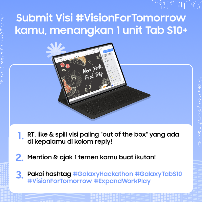 samsungID's tweet photo. Menangkan Galaxy Tab S10 Series, submit ide kamu sekarang! 🥳🎁

1.RT, like &amp; reply visi paling out of the box kamu!

2.Mention &amp; ajak 1 temen kamu buat ikutan!

3. Pakai hashtag #GalaxyHackathon #VisionForTomorrow #GalaxyTabS10 #ExpandWorkPlay

Ditunggu hingga 6 oktober ya!