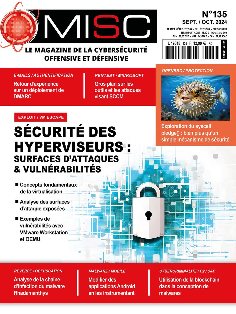 MISCRedac's tweet photo. Le saviez-vous ? Notre dernier numéro s'intéresse entre autres à la sécurité des #hyperviseurs. Il vous reste un mois pour le trouver en kiosque ou pour profiter des ports offerts sur https://t.co/ic7es2mDSm #cybersécurité #exploit #vmescape https://t.co/GA33ItXyVX