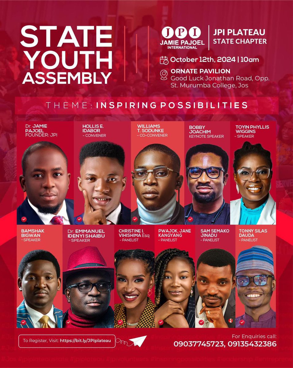 The Next Big Thing In Nigeria 🇳🇬 Is The JPI State Youth Assembly Happening Across 22 States.

 The JPI XPERIENCE is finally here. 
JPI has carefully selected the best of the best industry experts on the Plateau.