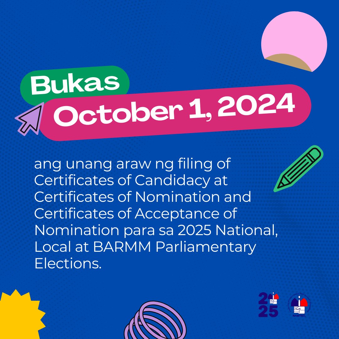Namfrel's tweet photo. Bukas, October 1, 2024 ang unang araw ng filing ng mga COC, CONA, at CON-CAN para sa 2025 NLE. Higit 18,000 na mga posisyon ang paglalabanan para sa 2025 National, Local, at BARMM Parliamentary Elections.

#NAMFREL #BantayNgBayan #NAMFREL40 #2025NLE #BARMMParliamentaryElections https://t.co/O9Qie02URR