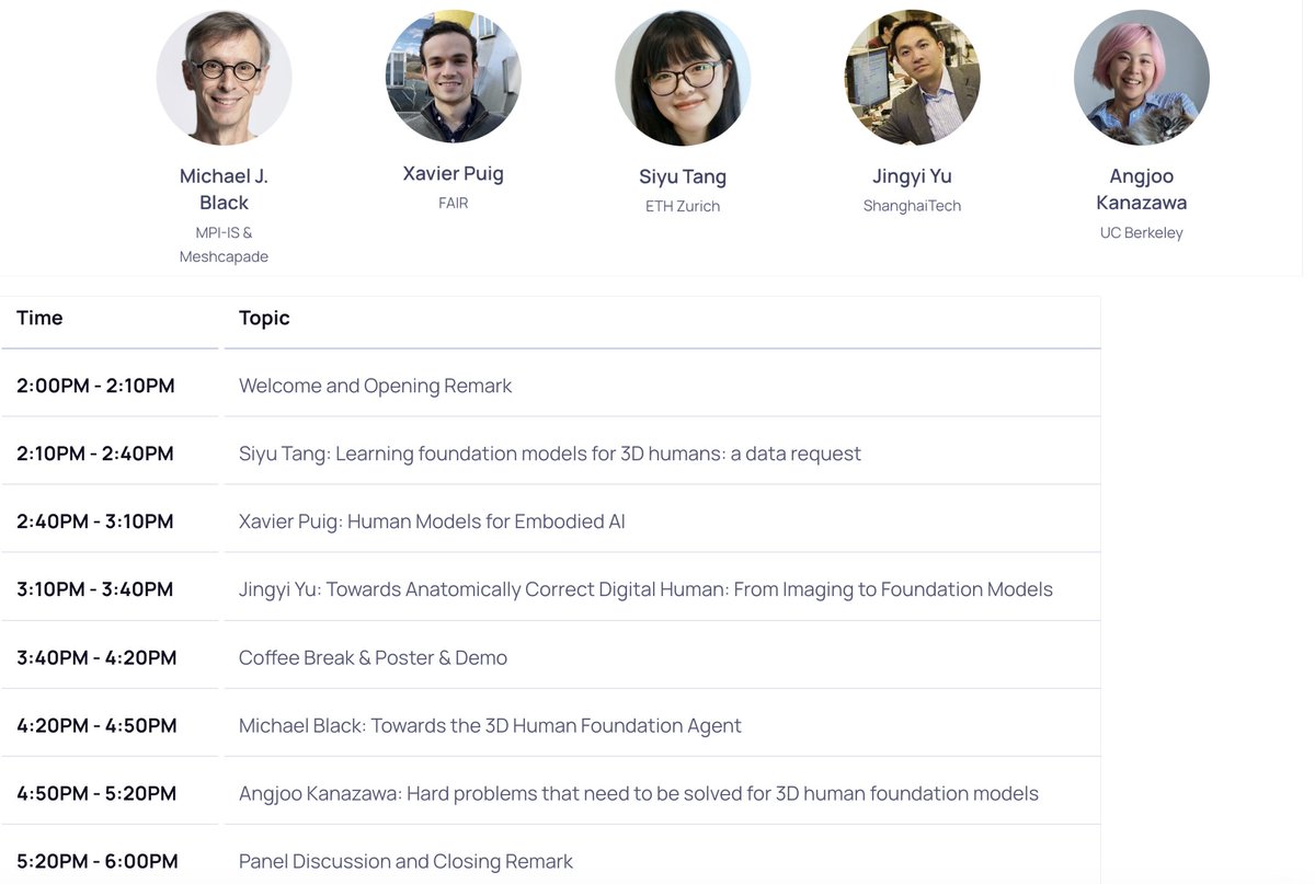 Yao Feng (@yaofeng1995) on Twitter photo Are you already at #ECCV2024🇮🇹? Don’t miss our workshop “Foundation Models for 3D Humans” this afternoon!
We have an amazing lineup of speakers: <a href="/SiyuTang3/">Siyu Tang @VLG-ETHZ</a> <a href="/xavierpuigf/">Xavier Puig</a>, Jingyi Yu, <a href="/Michael_J_Black/">Michael Black</a> and <a href="/akanazawa/">Angjoo Kanazawa</a> !
Time: 09/30 2PM-6PM
Room: Tower Lounge
human-foundation.github.io Are you already at #ECCV2024🇮🇹? Don’t miss our workshop “Foundation Models for 3D Humans” this afternoon!
We have an amazing lineup of speakers: <a href="/SiyuTang3/">Siyu Tang @VLG-ETHZ</a> <a href="/xavierpuigf/">Xavier Puig</a>, Jingyi Yu, <a href="/Michael_J_Black/">Michael Black</a> and <a href="/akanazawa/">Angjoo Kanazawa</a> !
Time: 09/30 2PM-6PM
Room: Tower Lounge
human-foundation.github.io