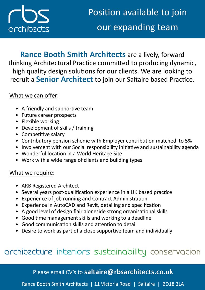 We are Hiring! RBS Architects are looking for a Senior Architect to join our expanding team in Saltaire. Please get in touch if you are interested in joining us!