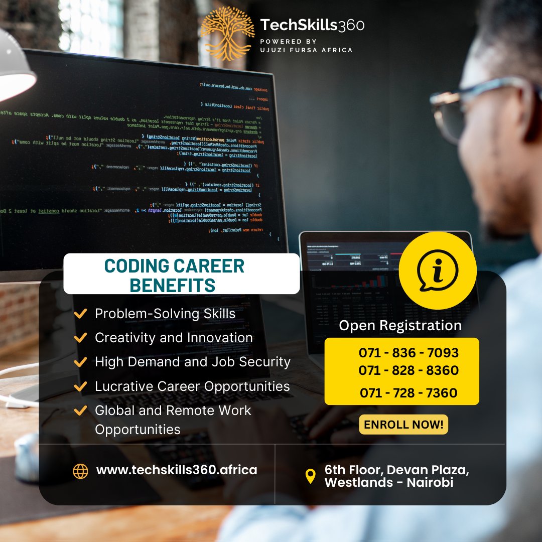 TechSkills360ke's tweet image. 🚀 The Benefits of a Career in Coding! 💻✨
Unlock global opportunities and earn top salaries! Ready to turn your passion for tech into a thriving career?
Enroll at TechSkills360 today!
#CodingCareers #TechSkills360 #DigitalSkills #CareerGrowth