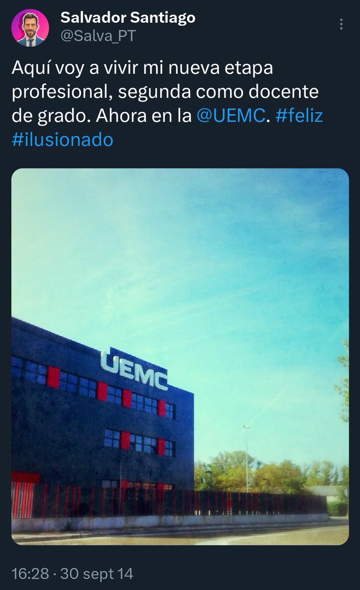 Salva_PT's tweet photo. Hace 10 años de este post. En este periodo, la @UEMC y yo, hemos crecido de la mano.  Dos hijos, un doctorado y 8 promociones de fisioterapeutas lo avalan. Curiosamente, aunque haya pasado una década, tengo la misma ilusión –o más– de seguir creciendo juntos. ¡A por otros 10! https://t.co/V4AJu2Rxx3