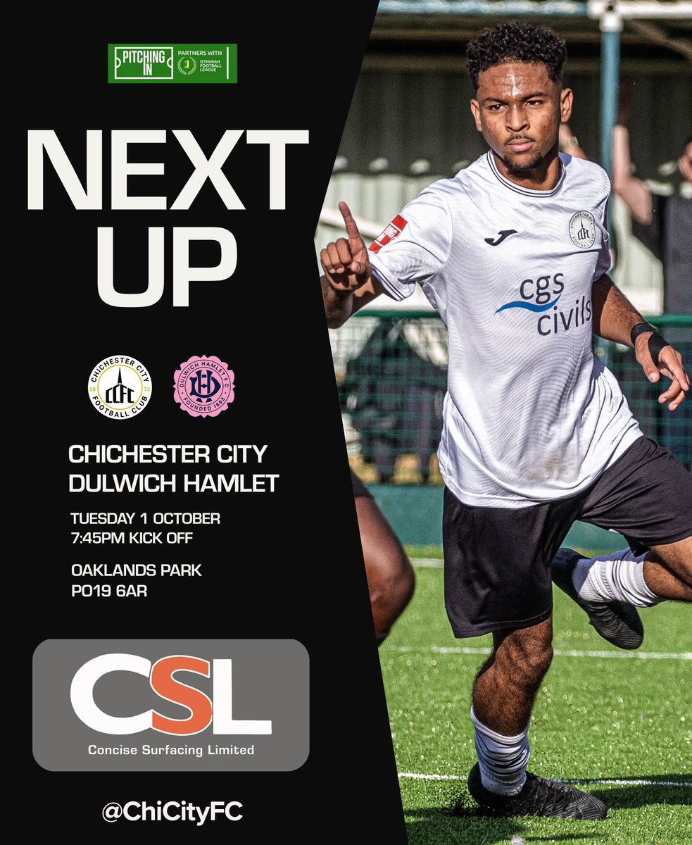 Chichester City FC (@chicityfc) on Twitter photo Tomorrow night we entertain <a href="/DulwichHamletFC/">Dulwich Hamlet FC</a> in the <a href="/IsthmianLeague/">The Pitching In Isthmian League</a> Premier. Come down and support the boys 🤍🖤
#chichester #isthmianleague #football #NonLeague #nonleaguefootball Tomorrow night we entertain <a href="/DulwichHamletFC/">Dulwich Hamlet FC</a> in the <a href="/IsthmianLeague/">The Pitching In Isthmian League</a> Premier. Come down and support the boys 🤍🖤
#chichester #isthmianleague #football #NonLeague #nonleaguefootball