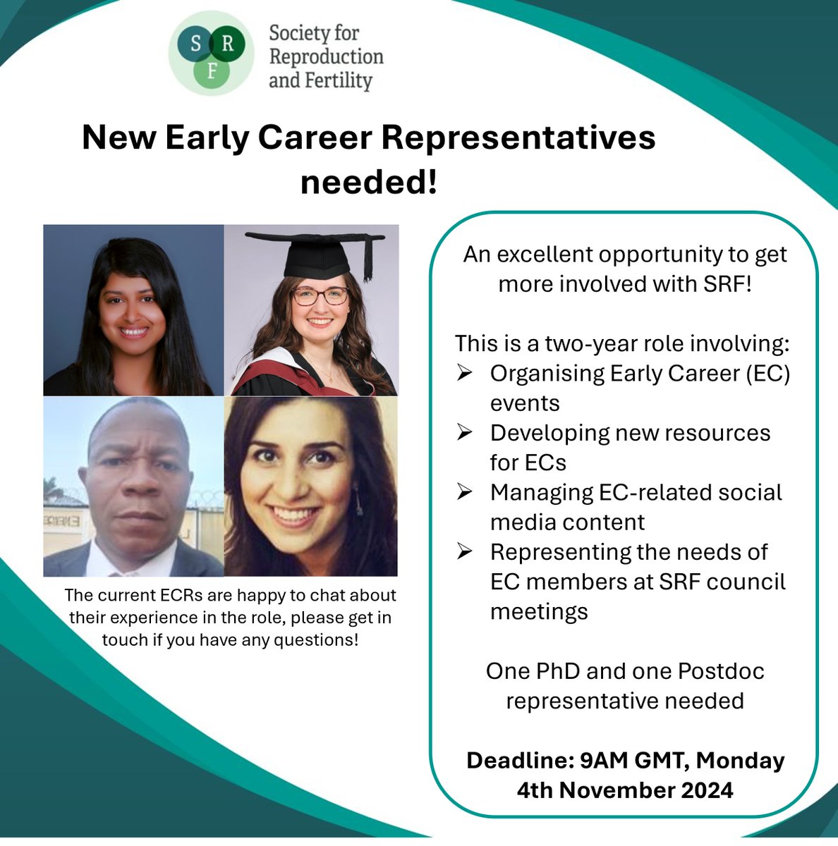srf_societyuk's tweet photo. Two new Early Career Representatives needed!

Applications close 9AM GMT on Monday 4th November 2024. Apply here: https://t.co/icciZP3GEe

Please get in touch with the current ECRs if you have any questions: https://t.co/w3THz3sU0l
#fertility #volunteering #academia #PhD #postdoc https://t.co/LfeLOFpEtL