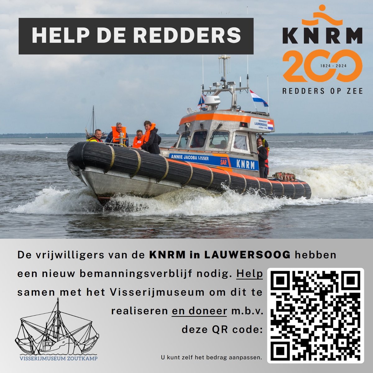 HELP DE REDDERS
De vrijwilligers van het KNRM-station in Lauwersoog doen belangrijk én dankbaar werk. Een nieuw bemanningsverblijf is hard nodig. Helpt u mee om dit te realiseren? Scan de QR-code en doneer een bedrag naar keuze of klik op de volgende link: betaalverzoek.rabobank.nl/betaalverzoek/…