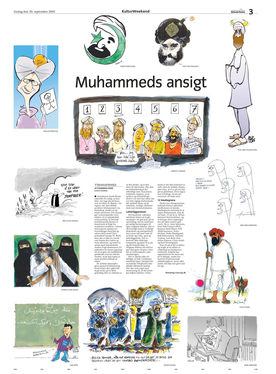 I dag er 30. september. For præcis 19 år siden blev disse tegninger med tilhørende tekst af Flemming Rose bragt i Jyllands-Posten.

Denne avisside er potentielt farlig at vise. Man kan risikere at blive halshugget i islams navn. Det gælder ikke mindst, hvis man er underviser.
