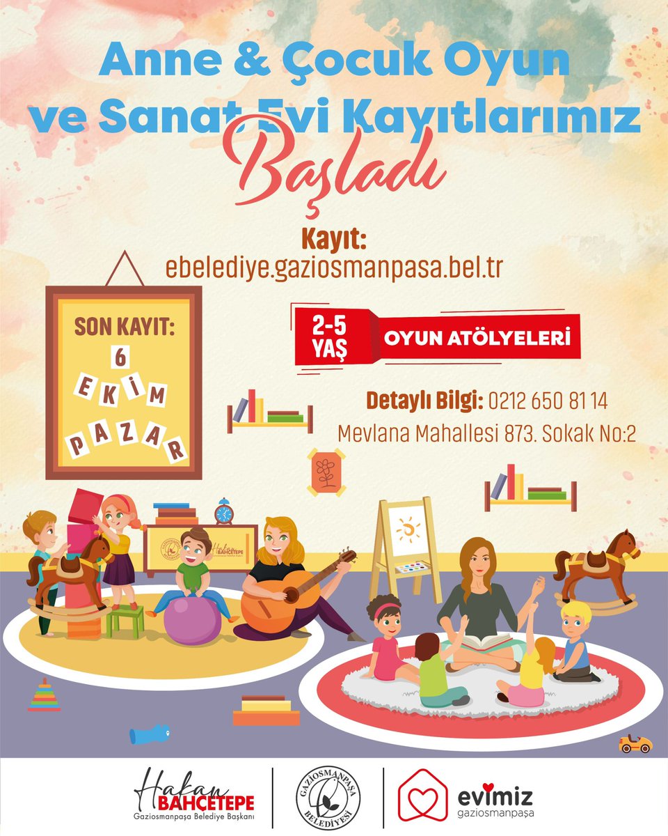GOPBelediyesi's tweet photo. 🎉 2-5 yaş grubu çocuklar için eğlenceli oyun atölyelerimize kayıtlar başladı! 🧩🎨

Çocuklarınızın anneleriyle birlikte motor becerilerini geliştireceği, keyifli ve öğretici anılar biriktireceği bu atölyelerimizde yer almak için siz de başvurunuzu yapın. https://t.co/rVs23Hl3KY
