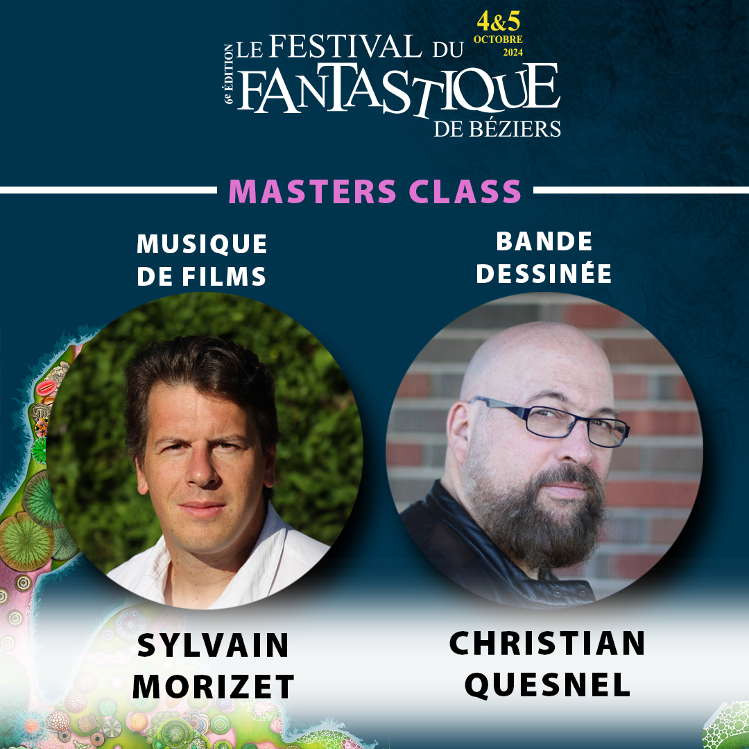 Ne manquez pas les deux masters class exclusives de nos jurys !
Samedi 5 octobre à l'IUT de Béziers
14h00 : Master class avec Christian Quesnel, sur la bande dessinée
15h30 : Master class avec Sylvain Morizet, sur la musique de film.

Venez nombreux !
