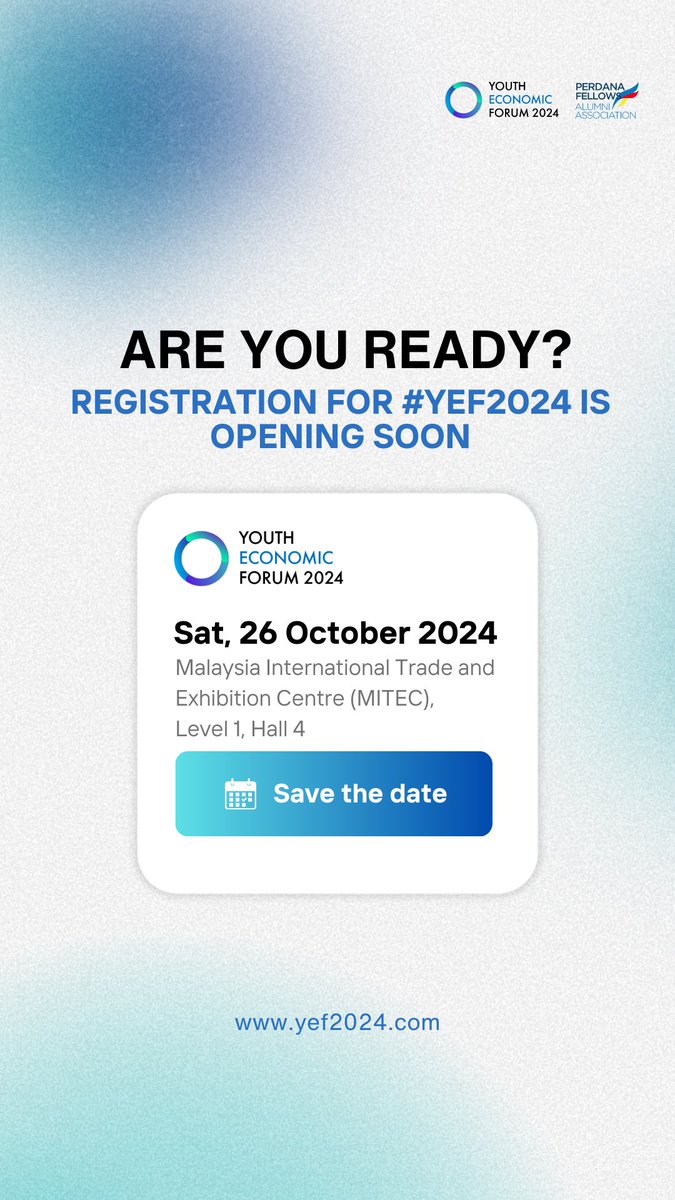 YEF2024 is just around the corner! 

Stay tuned as registration starts on the 1 October 2024!

Join us at #YEF2024, where ideas converge, solutions emerge, and together, we reimagine the future of Malaysia's economy. 

#YEF2024 #GreenEconomy #DigitalTransformation #Talent