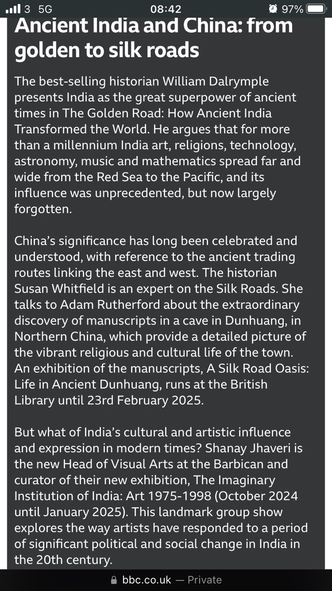 “Ancient India and China: from golden to silk roads” BBC Radio4 Start the Week - today at 09.00 - with William Dalrymple, Shanay Jhaveri, Susan Whitfield, Adam Rutherford bbc.co.uk/programmes/m00… #SilkRoads