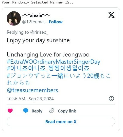 ririseo_'s tweet photo. ☆ Congratulations @12teumes and @_sarangwoo for winning the GA. Kindly DM me to claim your prize. 🎊
Unchanging Love for Jeongwoo #ExtraWOOrdinaryMasterSingerDay #아니죠아니죠_쩡쩡이생일이죠 #ジョンウずっと一緒にいよう20歳もこれからも https://t.co/R2to8pnEMr