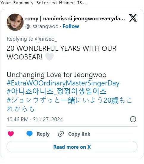 ririseo_'s tweet photo. ☆ Congratulations @12teumes and @_sarangwoo for winning the GA. Kindly DM me to claim your prize. 🎊
Unchanging Love for Jeongwoo #ExtraWOOrdinaryMasterSingerDay #아니죠아니죠_쩡쩡이생일이죠 #ジョンウずっと一緒にいよう20歳もこれからも https://t.co/R2to8pnEMr