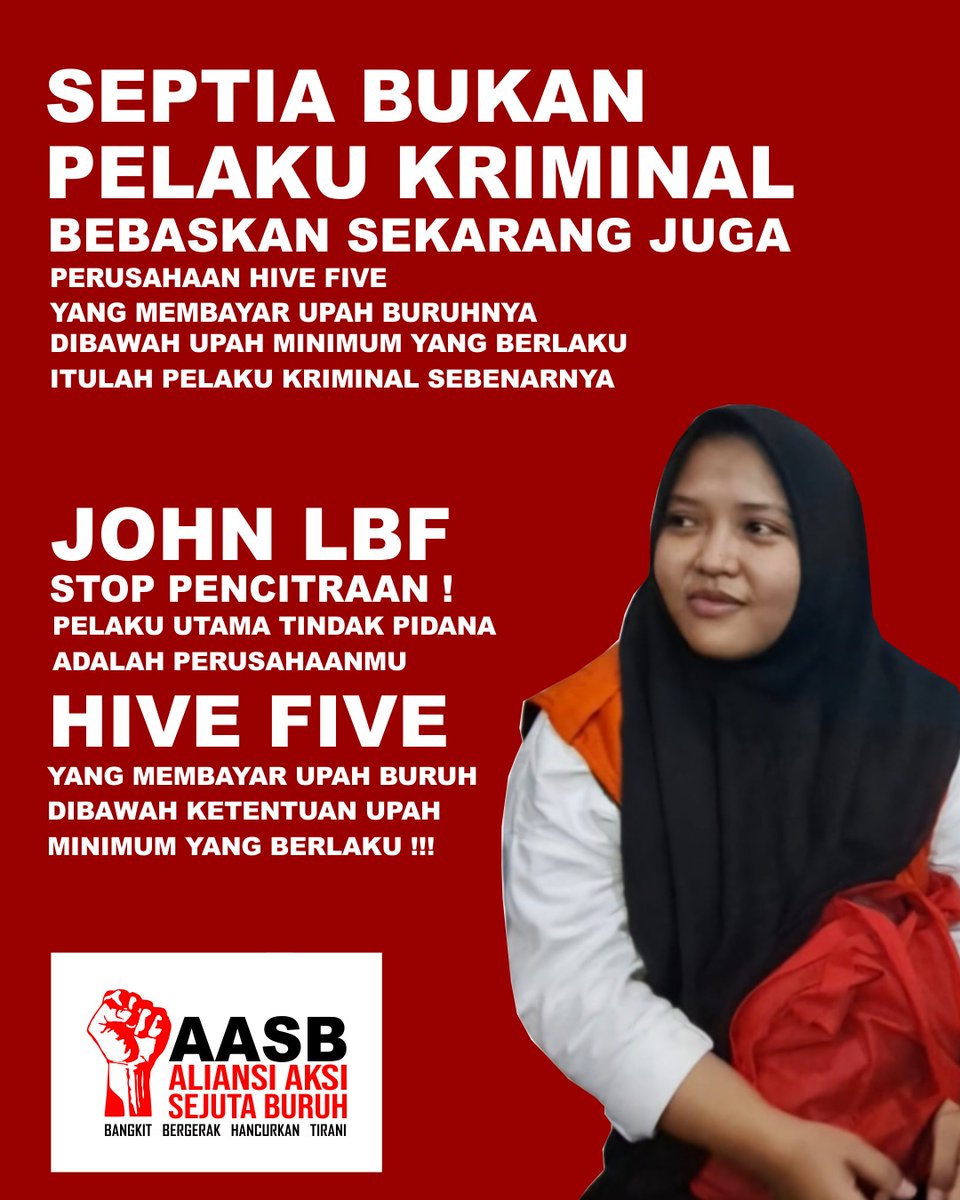 GSBI PUSAT (@gsbipusat) on Twitter photo SOLIDARITAS UNTUK SEPTIA
UNDANGAN
Mengahadiri Sidang Terbuka untuk Umum
Agenda, Pembacaan Putusan Sela
Kamis, 3 Oktober 2024
Tempat PN Jakarta Pusat. Jam, 10.00Wib
HENTIKAN KRIMINALISASI
BEBASKAN SEPTIA SEKARANG JUGA!!
#bebaskanseptia
<a href="/AksiBuruh/">ALIANSI AKSI SEJUTA BURUH</a>
<a href="/KasbiIndo/">KASBI_Indonesia</a>
<a href="/PBHI_Nasional/">Pembela Hak Asasi & Pemberi Bantuan Hukum</a> SOLIDARITAS UNTUK SEPTIA
UNDANGAN
Mengahadiri Sidang Terbuka untuk Umum
Agenda, Pembacaan Putusan Sela
Kamis, 3 Oktober 2024
Tempat PN Jakarta Pusat. Jam, 10.00Wib
HENTIKAN KRIMINALISASI
BEBASKAN SEPTIA SEKARANG JUGA!!
#bebaskanseptia
<a href="/AksiBuruh/">ALIANSI AKSI SEJUTA BURUH</a>
<a href="/KasbiIndo/">KASBI_Indonesia</a>
<a href="/PBHI_Nasional/">Pembela Hak Asasi & Pemberi Bantuan Hukum</a>