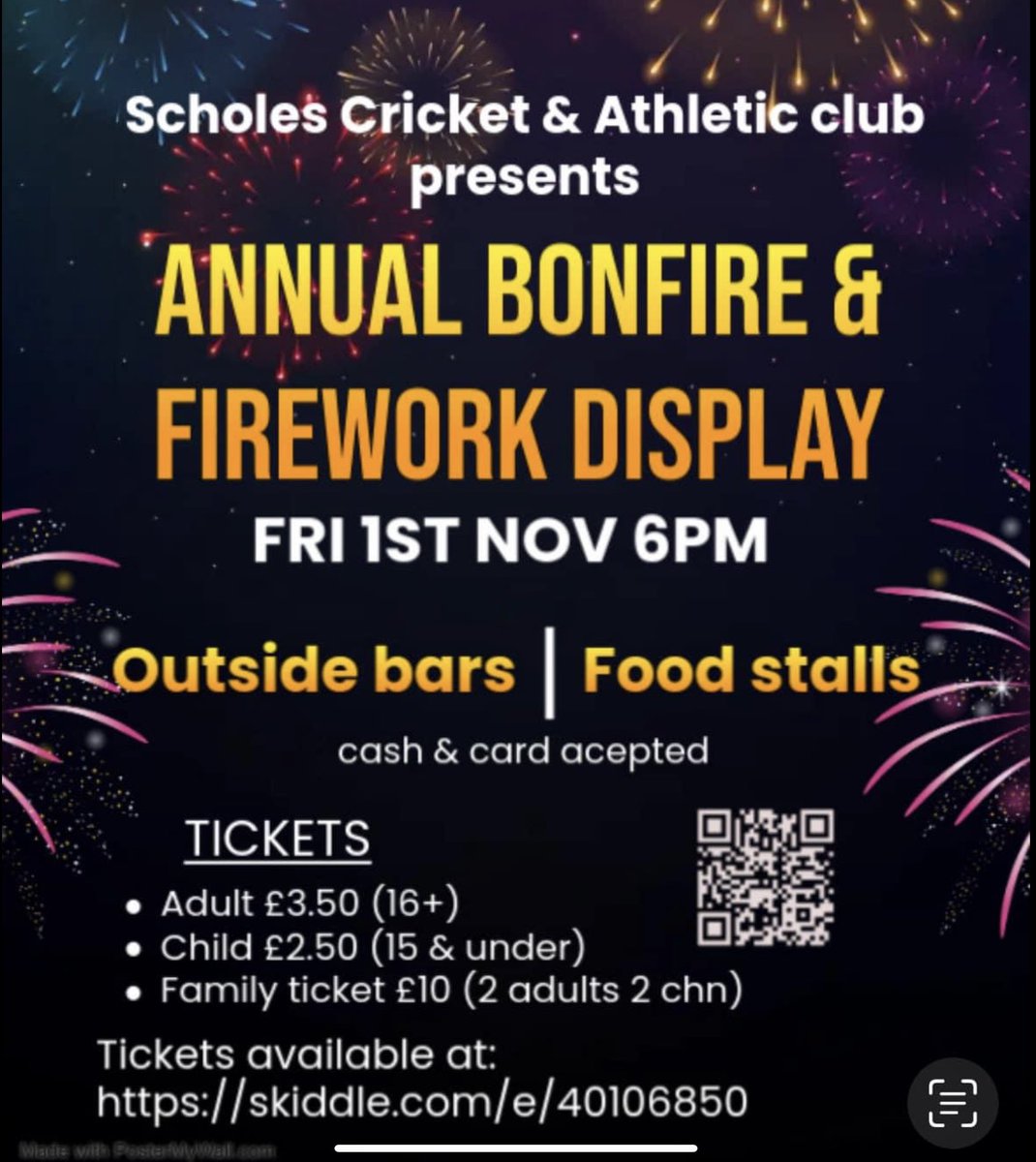 ANNUAL BONFIRE &amp; FIREWORK EXTRAVAGANZA 🔥🎆

⭐️ Friday 1st November - 6pm ⭐️

▪️Outside Bars (cash &amp; card)
▪️Food Vendors (cash &amp; card)
▪️Flashing Novelties 
▪️St Johns Ambulance 
▪️Family Fun 

Tickets available at:
skiddle.com/e/40106850 
or scan the QR code

PLEASE RETWEET