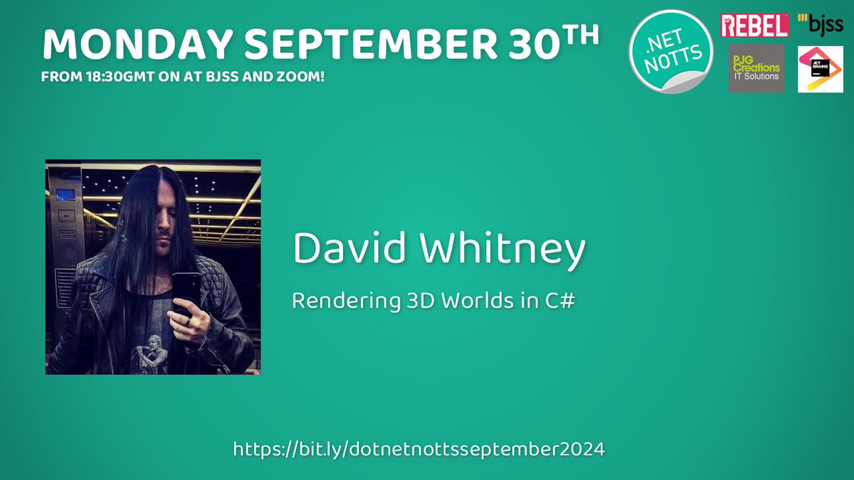 Join us tonight for the awesome <a href="/david_whitney/">David Whitney</a> who'll be talking to us about "Rendering 3d Worlds in C#"!

⏰ Monday 30th Sept @ 18:30
🌍meetu.ps/e/NvGXV/qggtP/i

Thanks to <a href="/RebelRecruiters/">Rebel Recruiters</a> @BJSSLtd <a href="/jetbrains/">JetBrains</a> and <a href="/PJGCreations/">PJG Creations Ltd</a>!