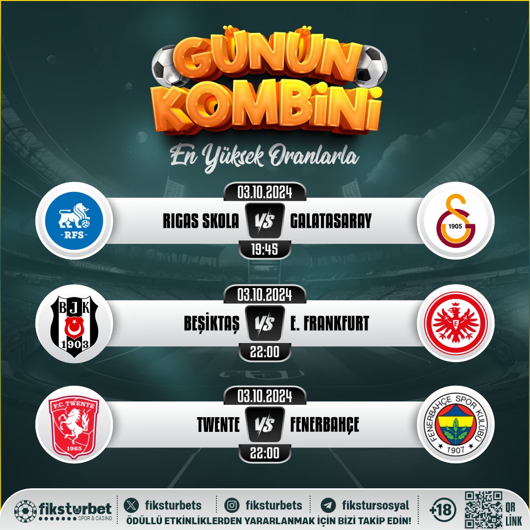 🏅#FİKSTURBET Günün Kazandıran Kombini

🔹 Rıgas Skola 🆚Galatasaray
🔹 Beşiktaş🆚E. Frankfurt
🔹 Twente🆚Fenerbahçe

🔆 Hızlı Çekim, Güvenilir Adres  bit.ly/FiksturbetGiris
