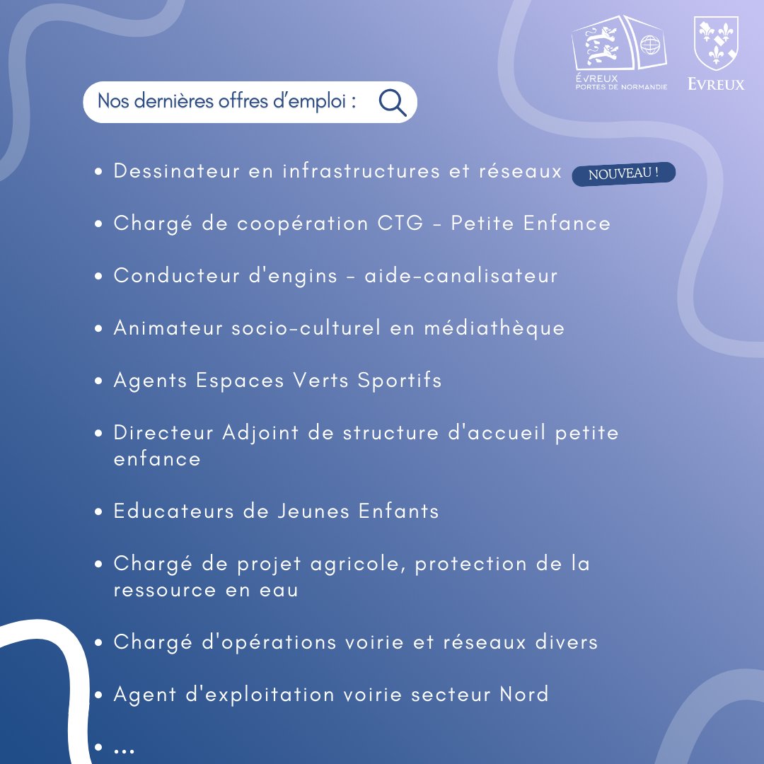 [#EMPLOI]

#Evreux et #aggloevreux recrutent !

&gt; Nouvelle offre : Dessinateur en infrastructures et réseaux

&gt; Offres en cours : Ilotier  / Cuisinier en EHPAD /  ...

👉 Pour postuler, envoyez votre CV et lettre de motivation ⤵️
evreuxportesdenormandie.fr/285-evreux-por…

#offreemploi