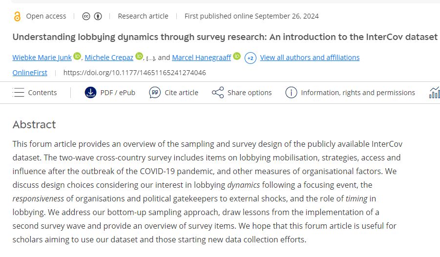 Our #InterCov dataset is publicly available now!

- 2 survey waves across 7 countries + the EU 
- items on lobbying &amp; influence during the pandemic 
- new forum article summarises design choices 
All open access! 

Data:
doi.org/10.7910/DVN/FN…

Article:
doi.org/10.1177/146511…