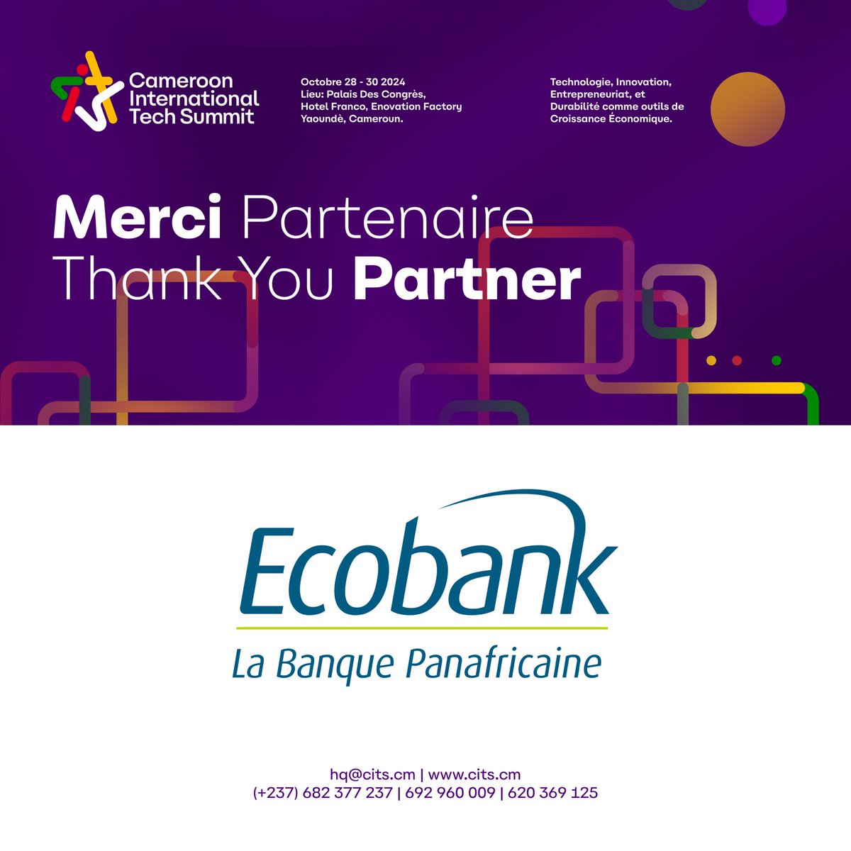 Thank you, Ecobank, for being a Key Partner to CITS24!

Visit cits.cm to register your interest

#cits24 #tech #innovation #entrepreneurship #startup #Cameroon #sustainability #africa #giz #germancooperation #unsustainablegoals #pnudcameroun #mountainhub #Ecobank