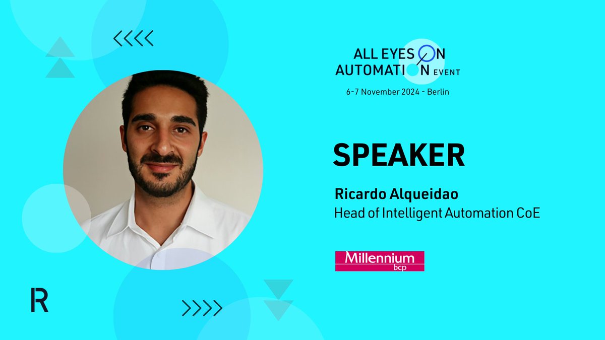 Next speaker at #AllEyes24  is Ricardo Alqueidão, Head of Intelligent Automation CoE at <a href="/Millenniumbcp/">Millennium bcp</a>! Ricardo will share Millennium BCP’s innovative use of RPA, Intelligent Document Processing (IDP) &amp; Generative AI. Don't miss out, get your tickets!&gt;zurl.co/d2Eu