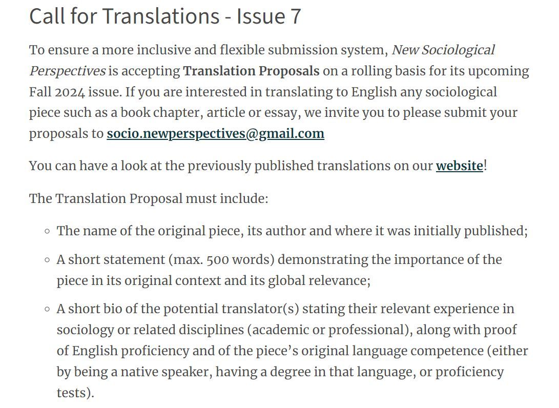 📢 Call for Translations!

Interested in translating to English a sociological piece such as a book chapter, article or essay? Consider publishing with us! We are soliciting translation proposals for our upcoming Fall 2024 issue.

📜More details here: buff.ly/3zNXMyy