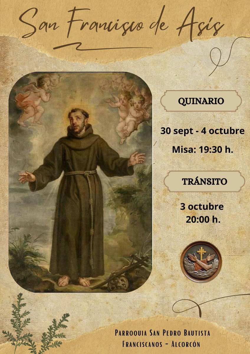 #PazyBien Hoy comenzamos el Quinario de preparación a la fiesta de nuestro padre San Francisco. Os esperamos!! <a href="/ofmfranciscanos/">ofmfranciscanos</a> <a href="/DiocesisGetafe/">Diócesis de Getafe</a> <a href="/PJAlcorcon/">PJAlcorcón</a>