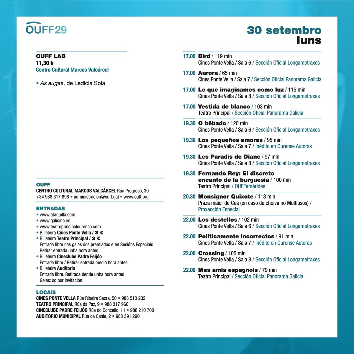 ⬜️ AXENDA DIARIA · LUNS 30 ⬜️

🔗 Programa completo + entradas:
linktr.ee/ourensefilmfes…

🎞 #OUFF2024
🗓 Do 27 de setembro ao 6 de outubro