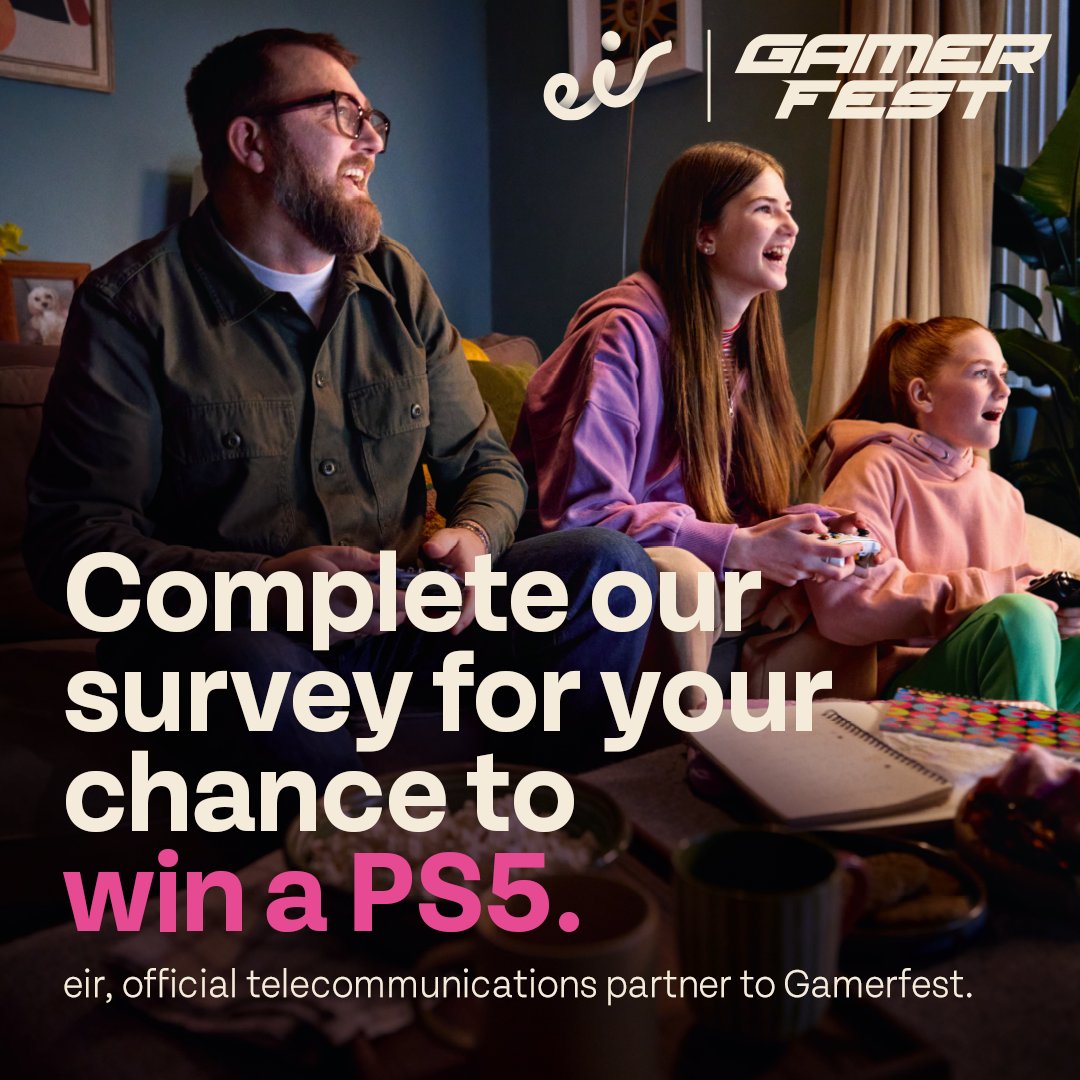 GamerFest_ie's tweet photo. We've teamed up with our telecoms partner @eir and want to hear from you about your love for gaming.

Complete the survey included (https://t.co/KtJNOO7wsA) for your chance to win a PS5 ahead of @GamerFest_ie Dublin Winter edition.

For full T&Cs, please head to https://t.co/J67ddBVwS4

#eirforall #GF24 #Gamerfest