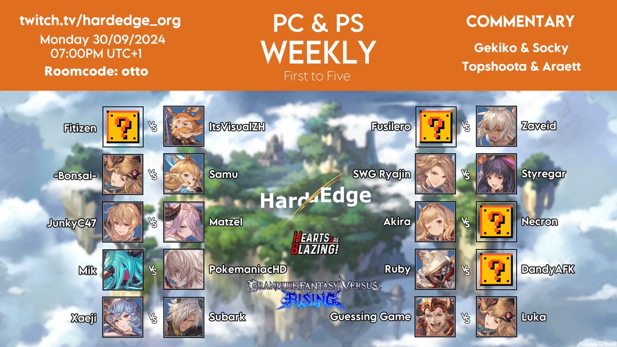 It is my pleasure to announce one of the most stacked #GBVSR EU weeklies in recent memory, filled to the brim with incredibly talented players and exceptional commentators. You don't want to miss this one - catch it live, today at 7 PM CEST, at twitch.tv/hardedge_org