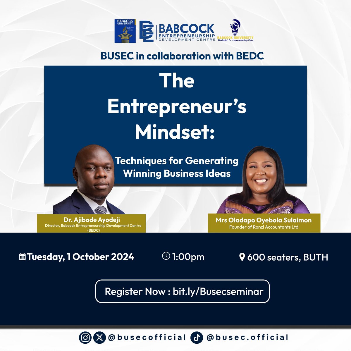 busecofficial's tweet photo. BUSEC's Independence Day Special 🇳🇬🎉
Trying to decide which business to start ? 🤔 Dr. Ajibade and Mrs Oladapo will be sharing simple Techniques for Generating Winning Business Ideas. Completely FREE for all Babcock University students 🎉.
#BUSEC #Entrepreneurship #independent https://t.co/knWDy12zRg