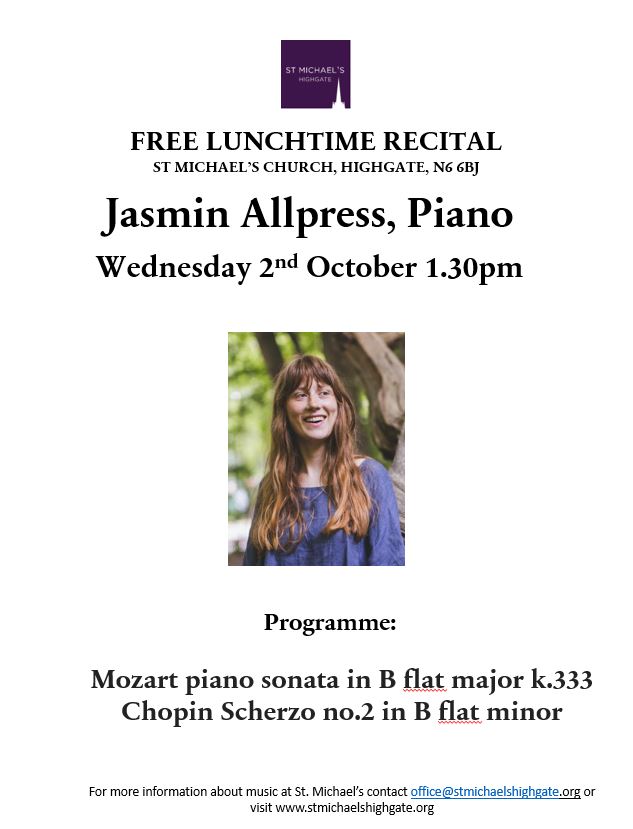 Lunctime Recitals
Our 30 minute lunchtime concerts are on next Tuesday and Wednesday starting at 1.30pm.  Please do come and listen if you are free.  Concerts are free with a retiring collection.