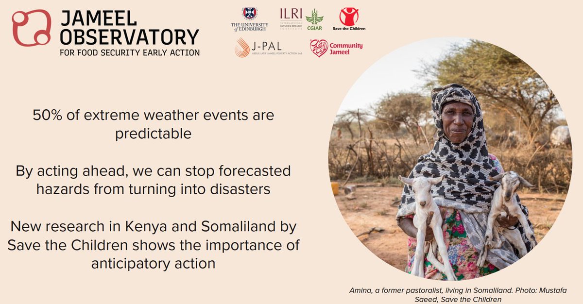 Our colleagues at <a href="/savechildrenuk/">Save the Children UK</a> just published 3 reports on #anticipatoryaction in East Africa. Online at:
Lessons learned - dx.doi.org/10.7488/era/47…
Kenya flooding - dx.doi.org/10.7488/era/47…
Somaliland flooding - dx.doi.org/10.7488/era/47…
news item - jameelobservatory.org/aa-lessons/
#EADP