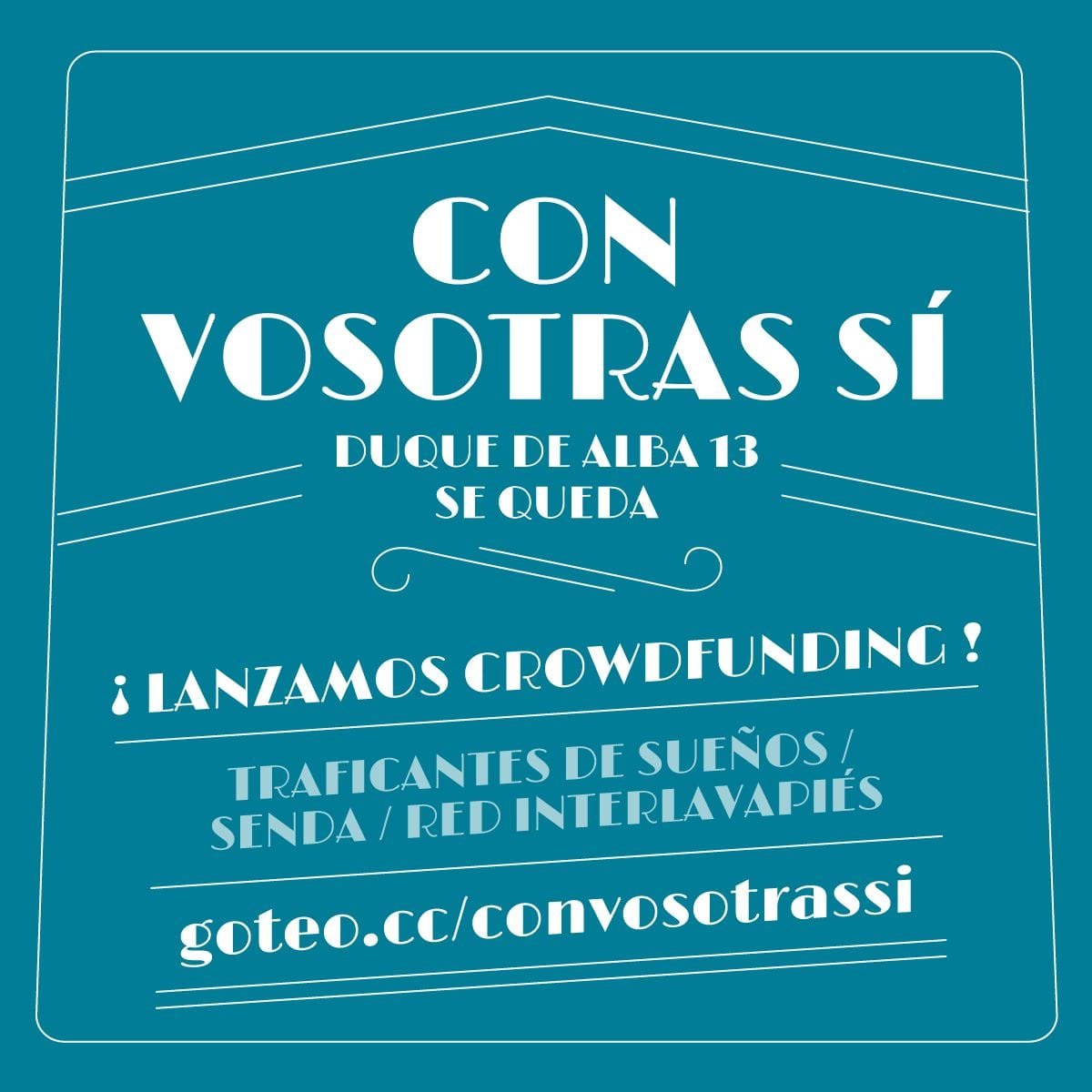 Hace algunos meses anunciamos el proyecto de compra de nuestro local de Duque de Alba junto a <a href="/traficantes2010/">Traficantes de Sueños</a> y Senda de Cuidados y, por supuesto, #Convosotrassí.

Toca dar el ultimo empujón para hacerlo realidad.
Aquí puedes hacer tu donacion
⬇️
goteo.cc/convosotrassi