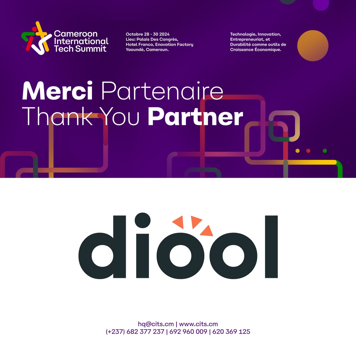 Thank you, Diool, for being a Key Partner to CITS24!

Visit cits.cm to register your interest

#cits24 #tech #innovation #entrepreneurship #startup #Cameroon #sustainability #africa #giz #germancooperation #unsustainablegoals #pnudcameroun #mountainhub #Diool