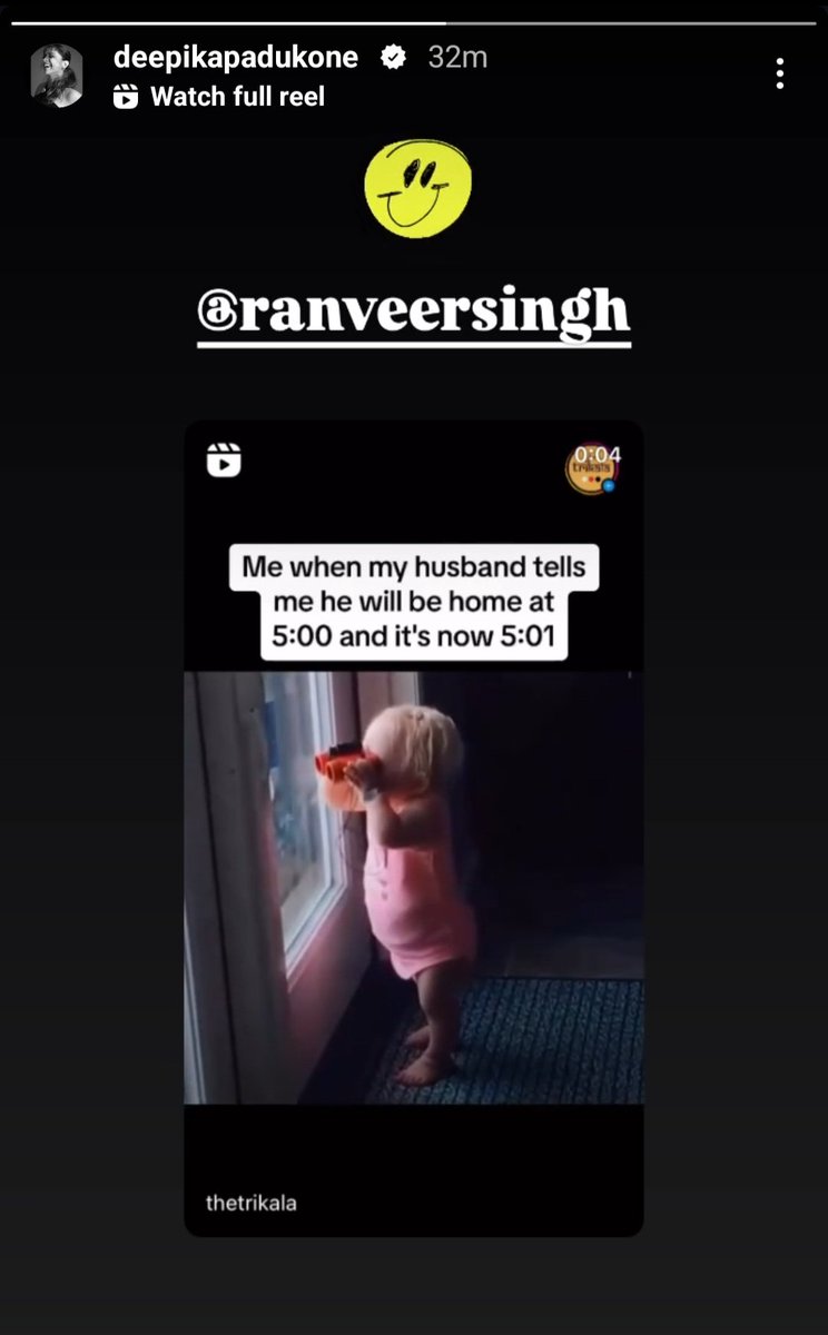 DeepVeer_FC's tweet photo. From Deepika's instagram story 🥰❤️ #deepveer Aww so cute! @deepikapadukone 💕

'Me when my husband tells me he will be at home at .5:00 and it's now .5:01' 🙂 @RanveerOfficial https://t.co/cI0vDJ2bjG