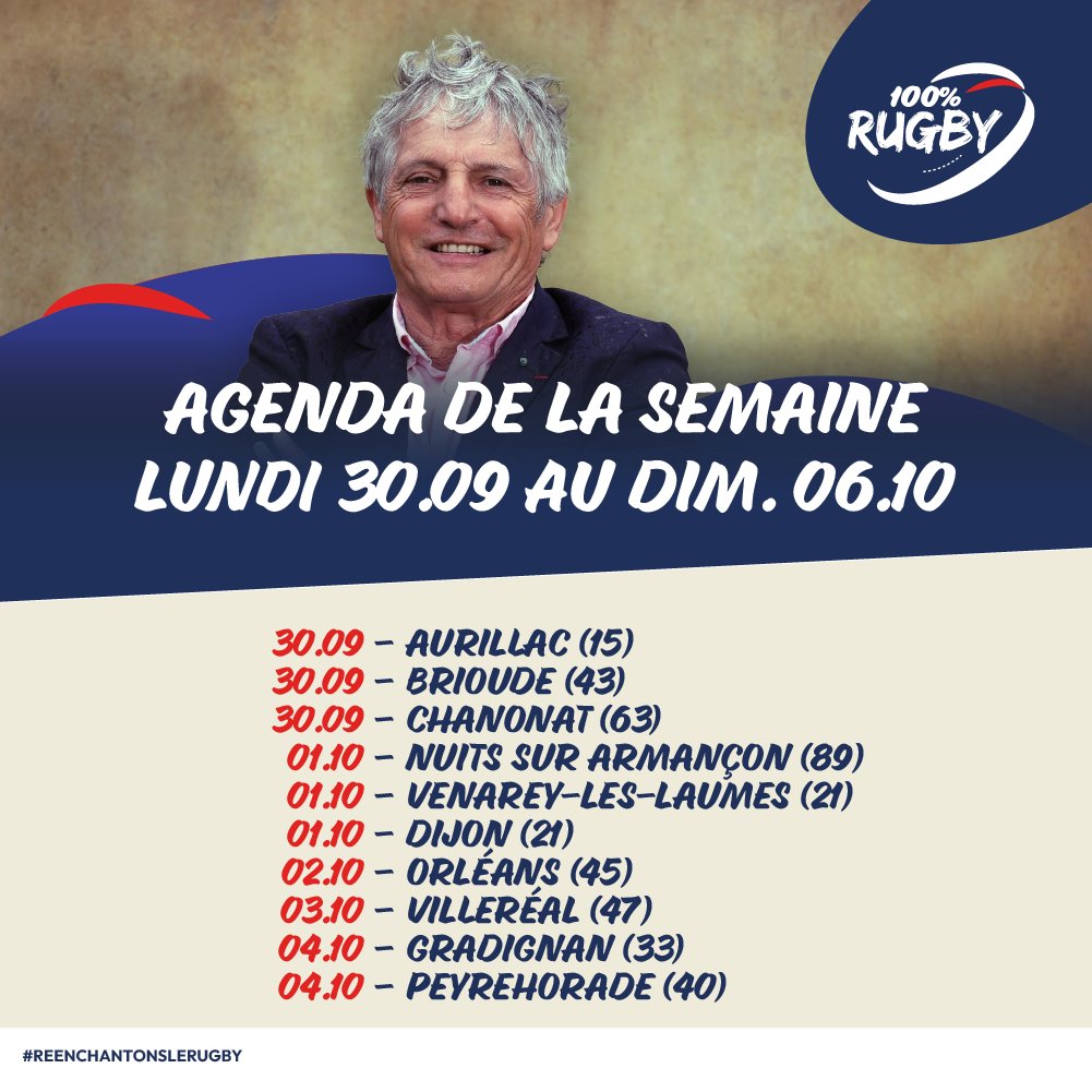 On continue d'aller à la rencontre des clubs !

30/09 - Aurillac
30/09 - Brioude
30/09 - Chanonat
01/10 - Nuits Sur Armançon
01/10 - Venarey-Les-Laumes
01/10 - Dijon
02/10 - Orléans
03/10 - Villeréal
04/10 - Gradignan
04/10 - Peyrehorade

Réenchantons le rugby ! 🏉✨