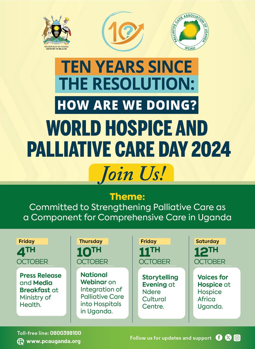 Join us in commemorating World Hospice and Palliative Care Day! As we reflect on Uganda's progress in advancing palliative care, we invite you to be part of this important conversation. Together, let's celebrate our achievements and envision the future!
 #WHPCDay24