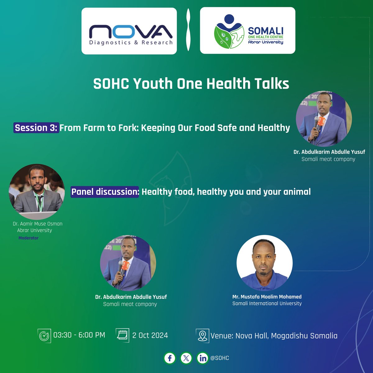 𝐉𝐨𝐢𝐧 𝐮𝐬 𝐟𝐨𝐫 𝐭𝐡𝐞 𝐭𝐡𝐢𝐫𝐝 𝐬𝐞𝐬𝐬𝐢𝐨𝐧 𝐨𝐟 𝐭𝐡𝐞 𝐒𝐎𝐇𝐂 #𝐘𝐨𝐮𝐭𝐡 #OneHealth 𝐓𝐚𝐥𝐤𝐬 𝐨𝐧 𝐖𝐞𝐝𝐧𝐞𝐬𝐝𝐚𝐲, 𝐎𝐜𝐭𝐨𝐛𝐞𝐫 𝟎𝟐, 𝟐𝟎𝟐𝟒
Location: Nova Diagnostics &amp; Research Hall, Mogadishu, Somalia. Time: 3:30 PM
#youth
#OneHealth
#capacitybuilding